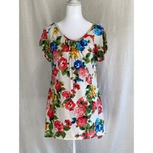 Womens Floral Tunic Top Cottagecore Rose Print Short Sleeve Keyhole Back